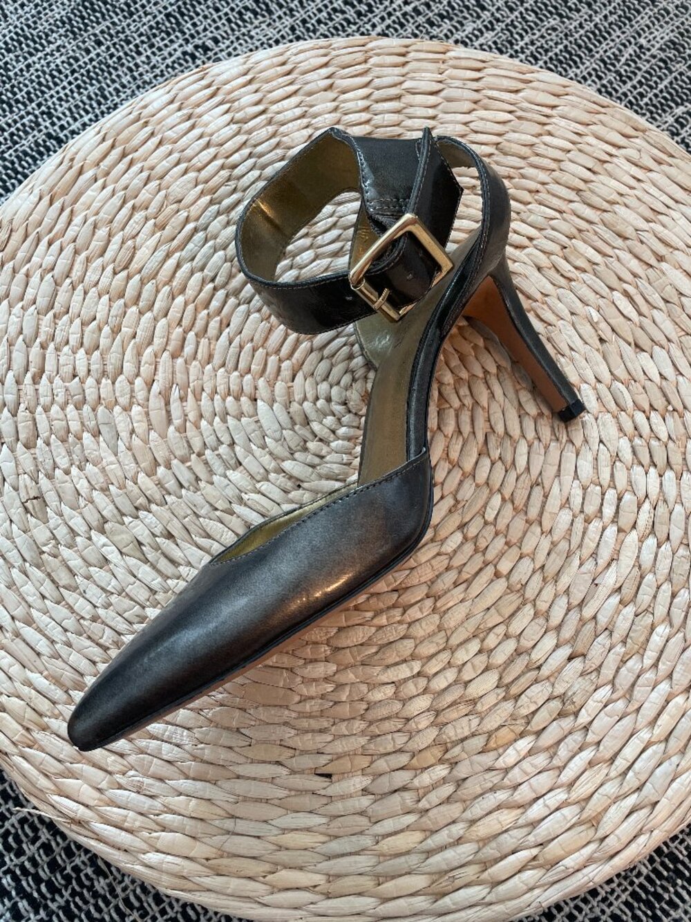 Nine West Gunmetal Metallic Ankle Strap Pointed Toe Pumps Size 6.5